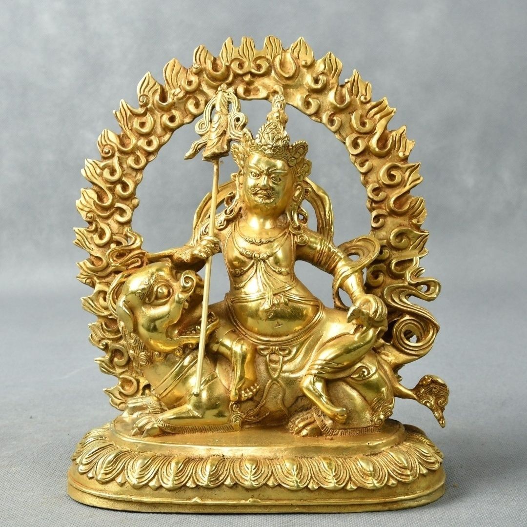 8.2in Chinese Buddhism Bronze Gilt Ride Lion Vaishravana Buddha Fengshui Staue 