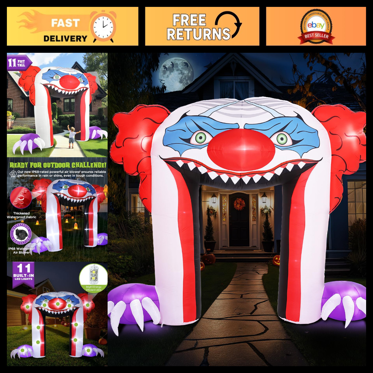 11 FT Halloween Inflatable Creepy Clown Archway - Outdoor Yard Decor, Spooky Dis