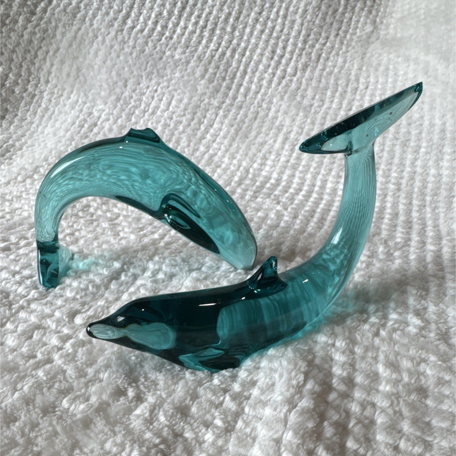 Authentic BACCARAT France Crystal Dolphin Figurines Turquoise Teal Signed AS IS