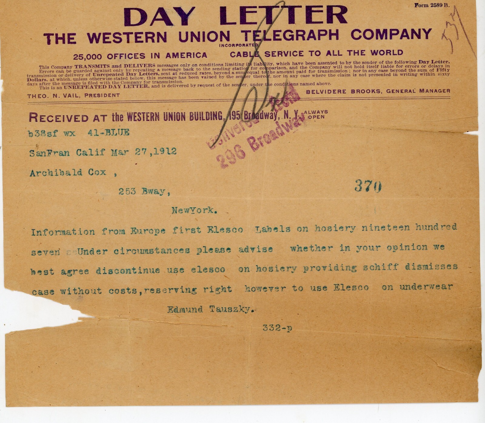 1912 Western Union Telegram Edmund Tauszky to Archibald Cox Trademark Dispute