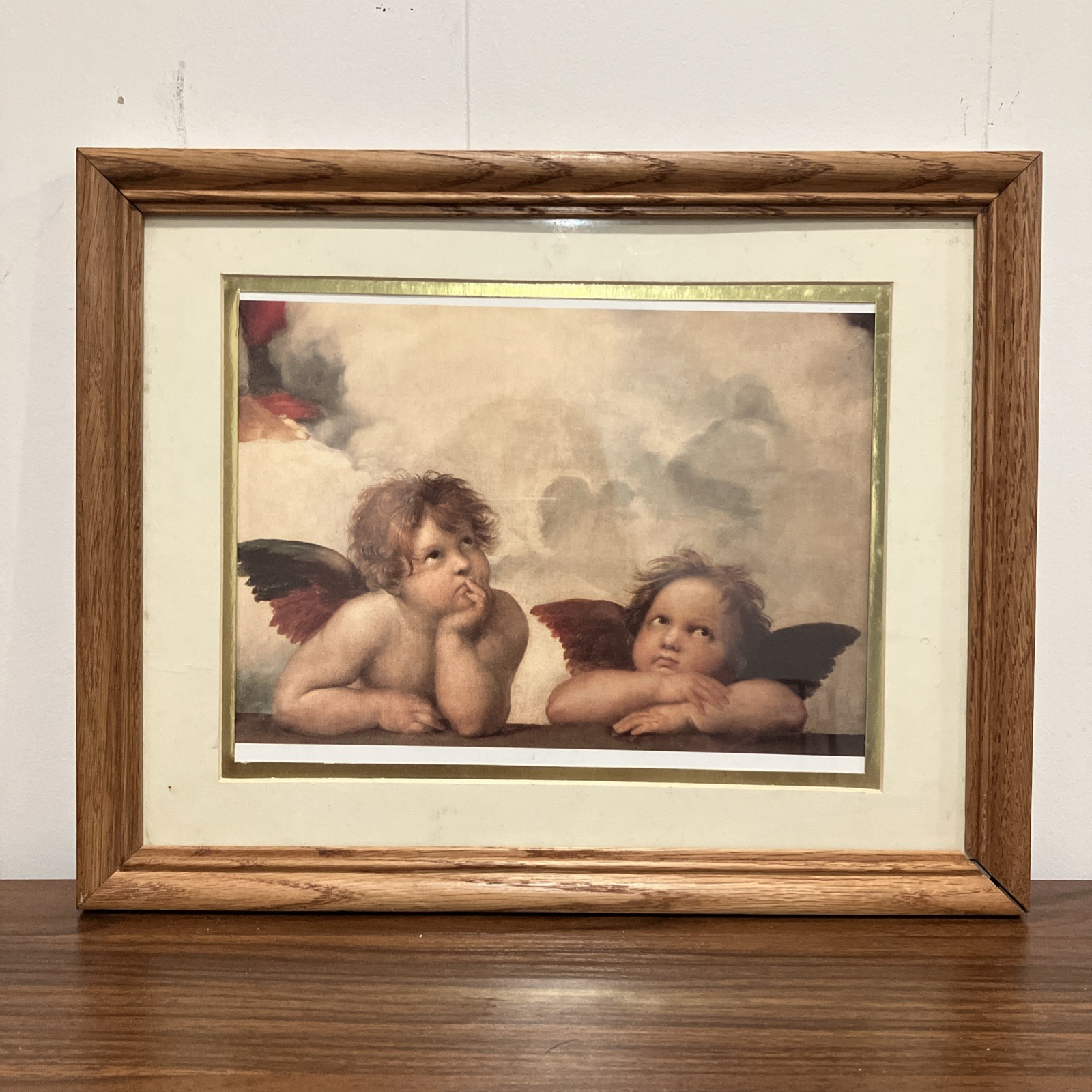 Vintage Wood Framed Cherub Angels Thinking Cottagecore Granny 90s Decor 14.5”