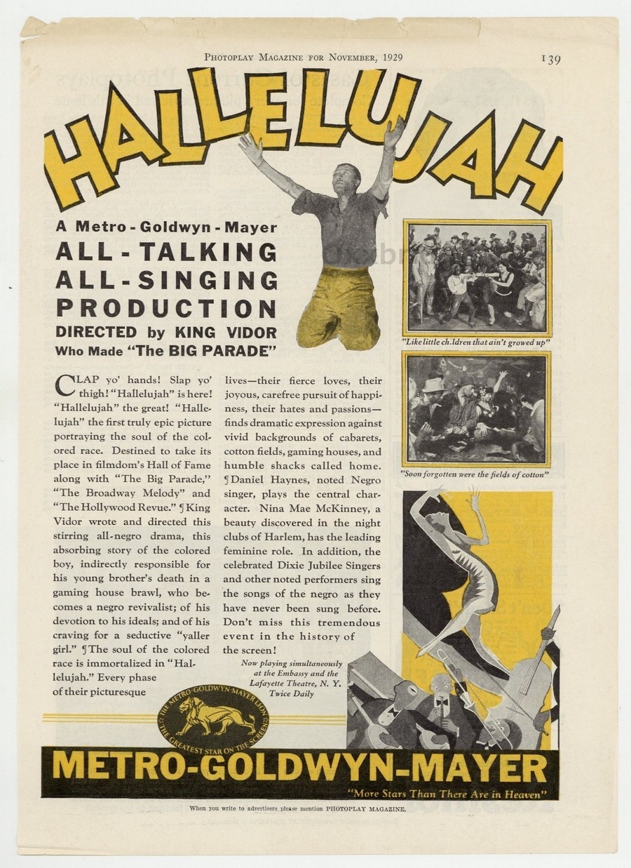 Hallelujah 1929 Black Film 1st African American Musical Rare Advert MGM Cinema