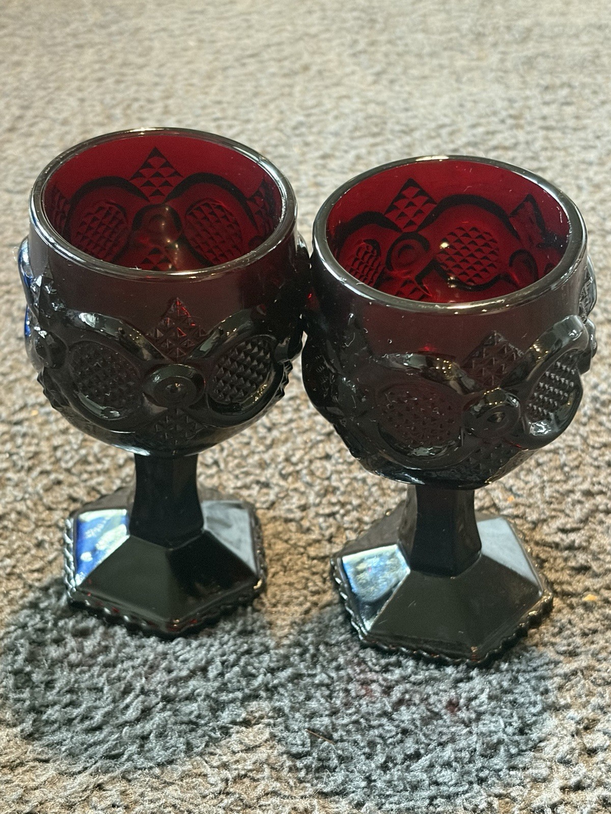 Vintage Avon 1876 Ruby Red Glass Cape Cod Pedestal Water Goblet Set of 2