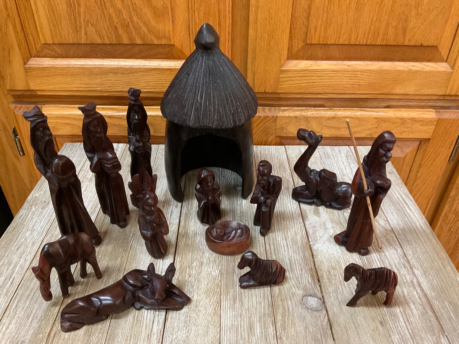 Vintage 14 Piece West African Nativity Scene Handcrafted From Teak Wood Ghana