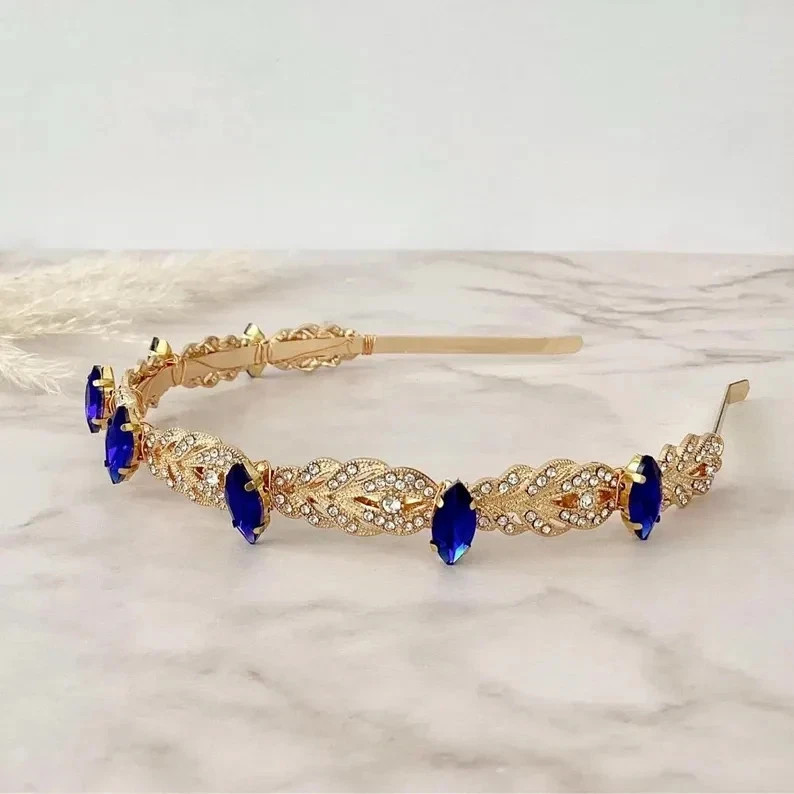 Blue Sapphire & Diamond Elegance 18K Yellow Gold Over Bridesmaid Tiara Headband