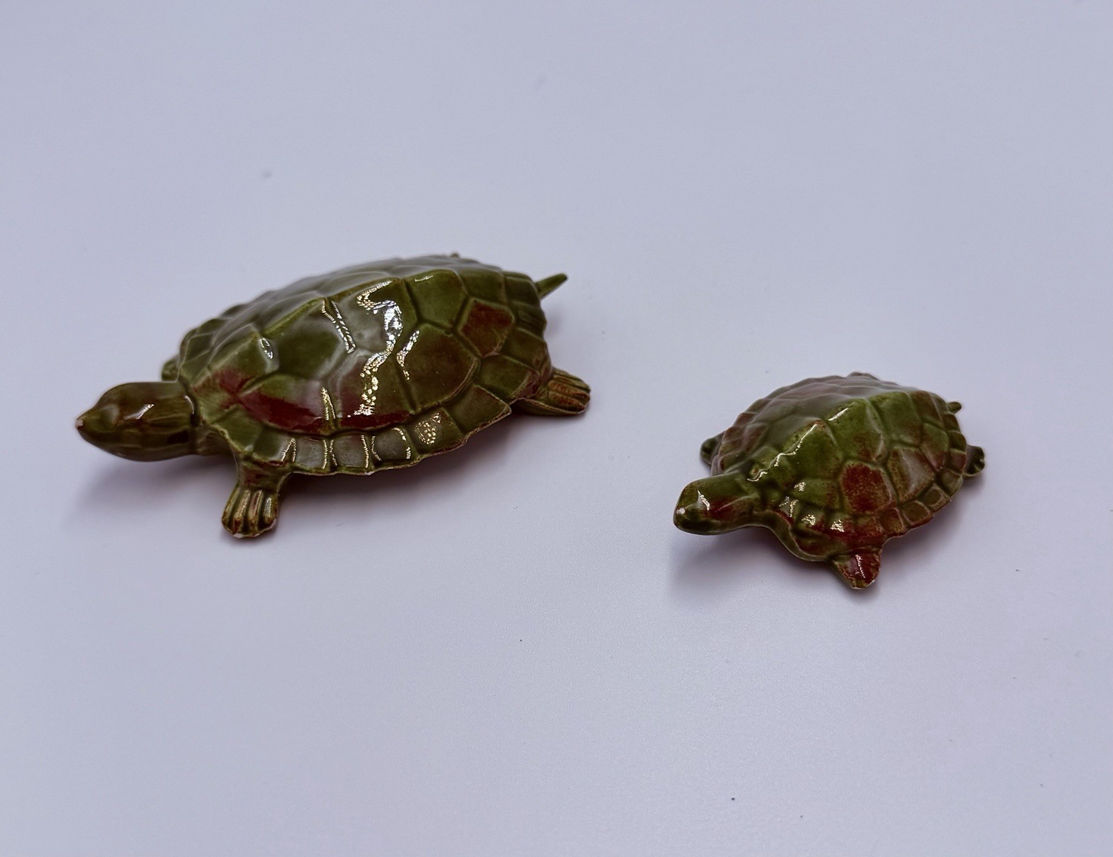 Vintage Ceramic Turtle Figurines Pair Green Brown Glaze MCM Tortoise Decor