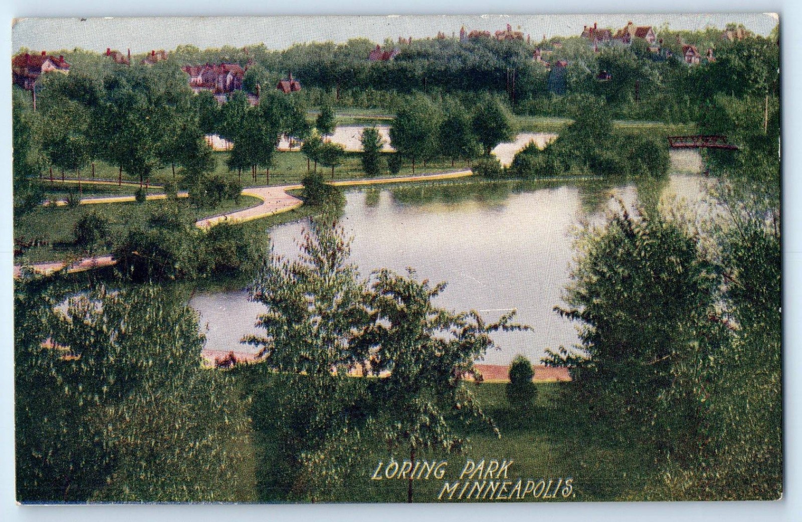1908 Minneapolis Minnesota MN Postcard Loring Park Lake Trees Birds Eye View