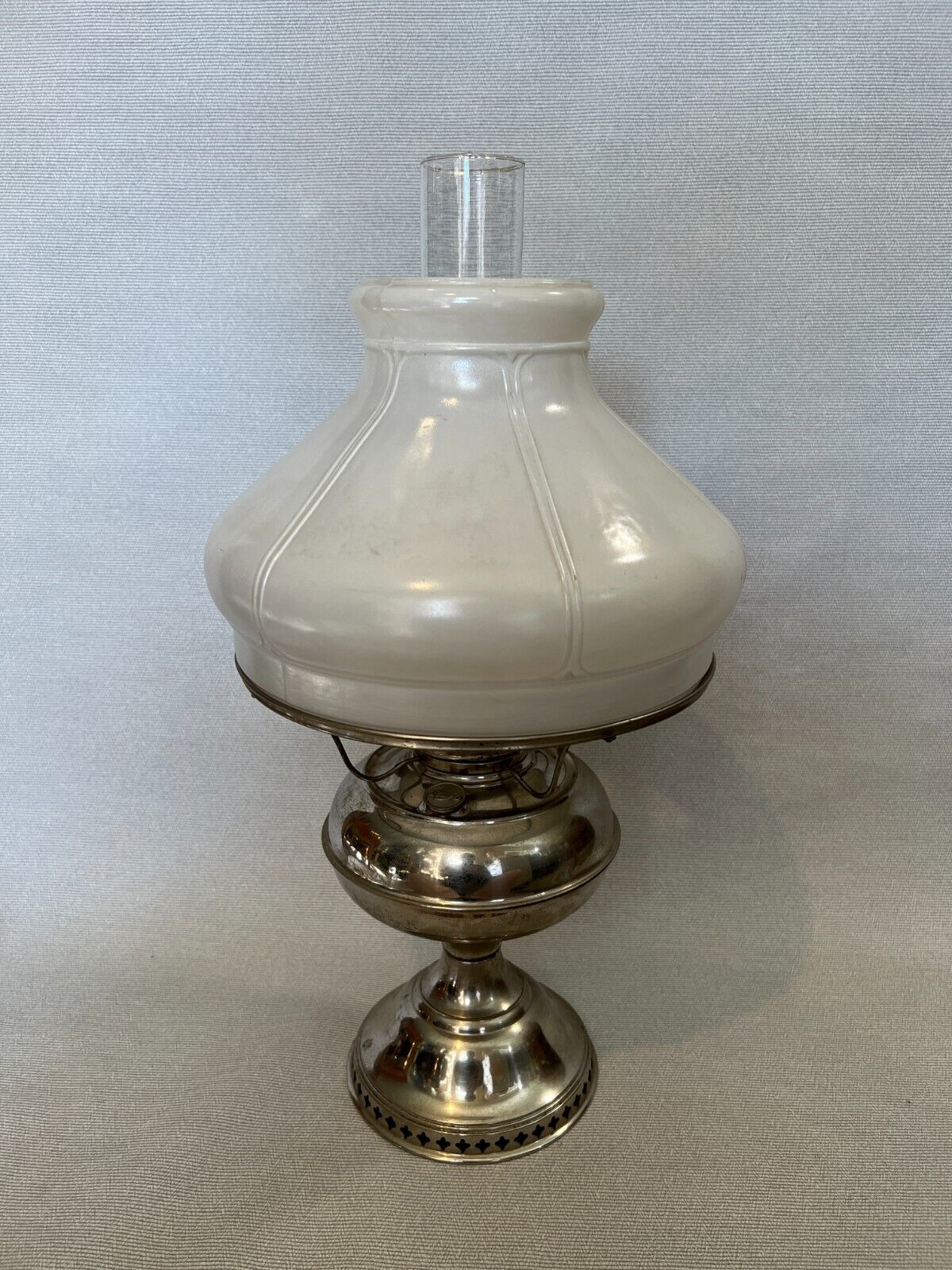 Antique Rayo Nickel Plated Oil Lamp w/Opal Glass Shade, 21\