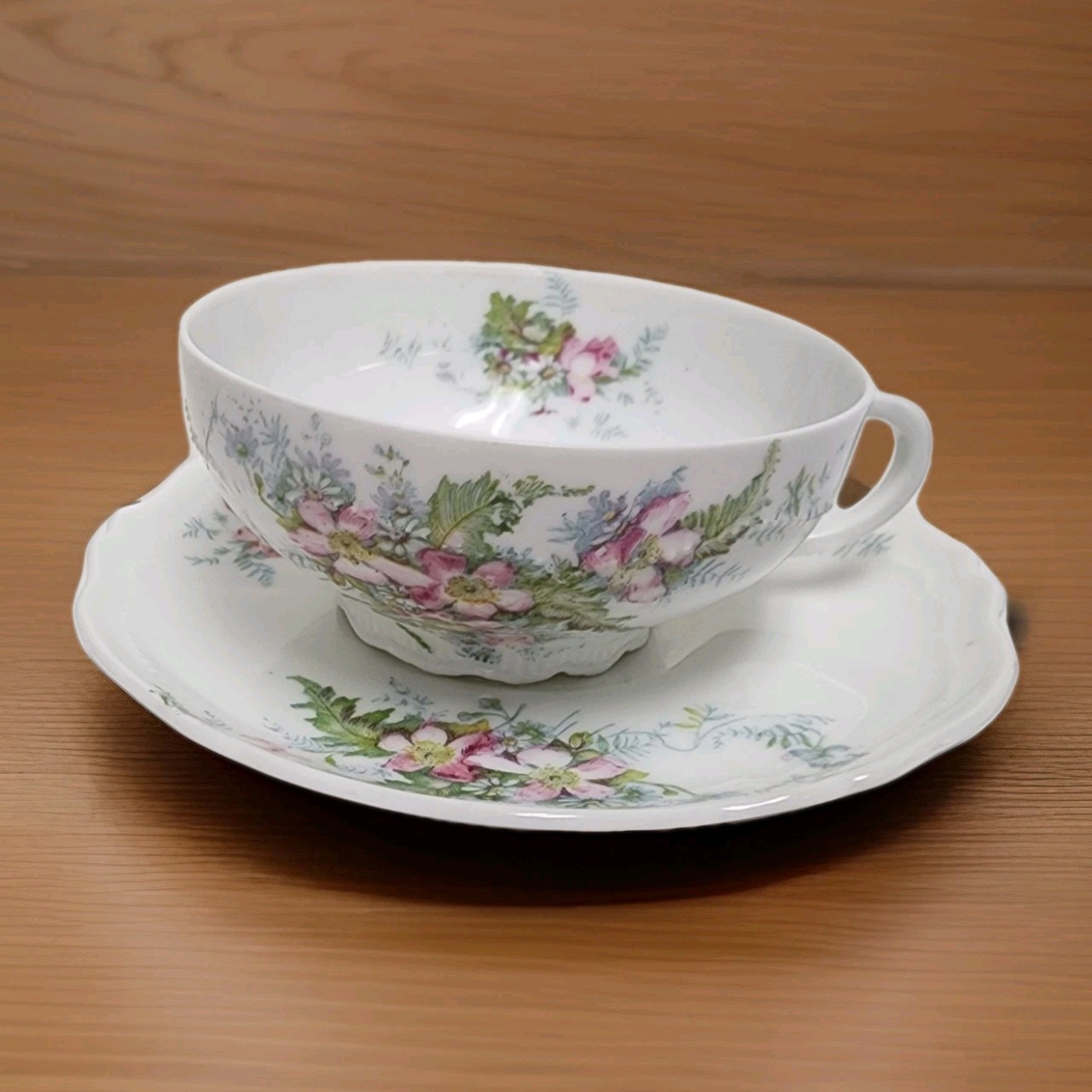 Vintage O&EG Royal Austria Tea Cup & Saucer, Floral Design W/Scallop Edge