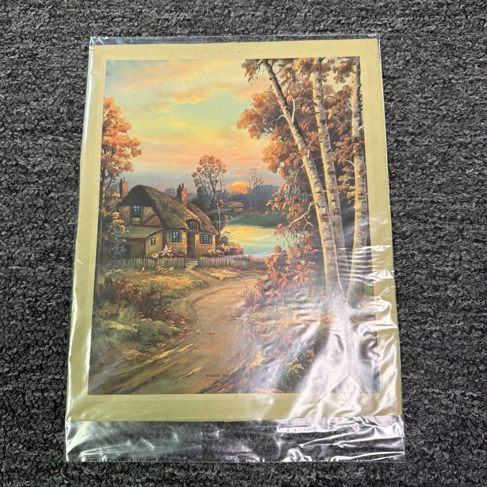 1933 Cabin In Woods Nature Painting NEW Package Wall Hanging 11’X9’ Antique