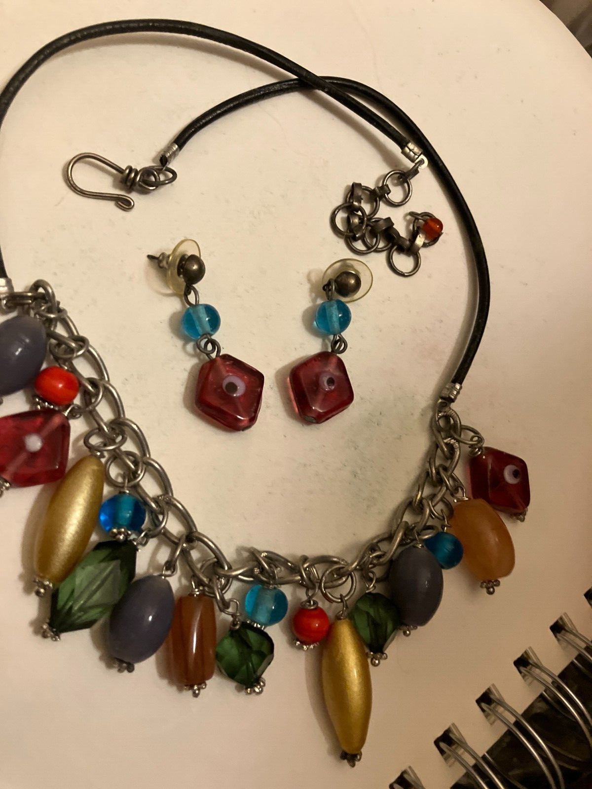 VINTAGE ESTATE demi multi color beaded charm necklace and pierced earrings