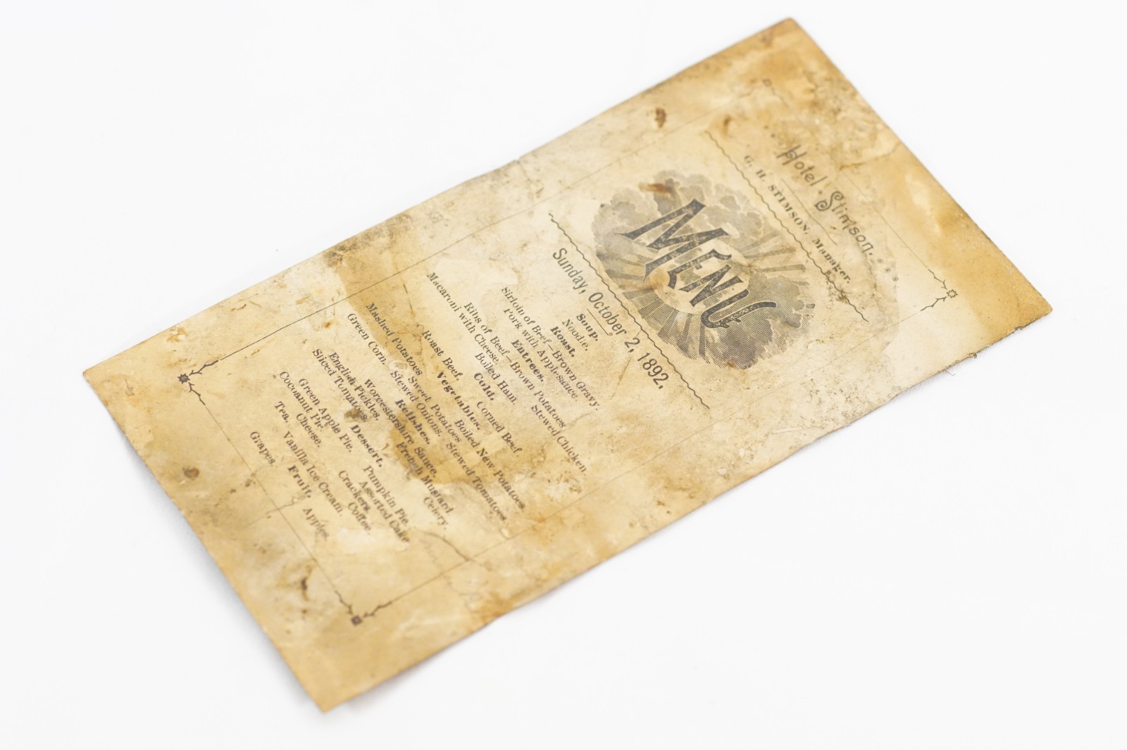 1892 Hotel Stimson Menu Athens PA Bradford Co Stimson House Hotel RARE w/ Damage