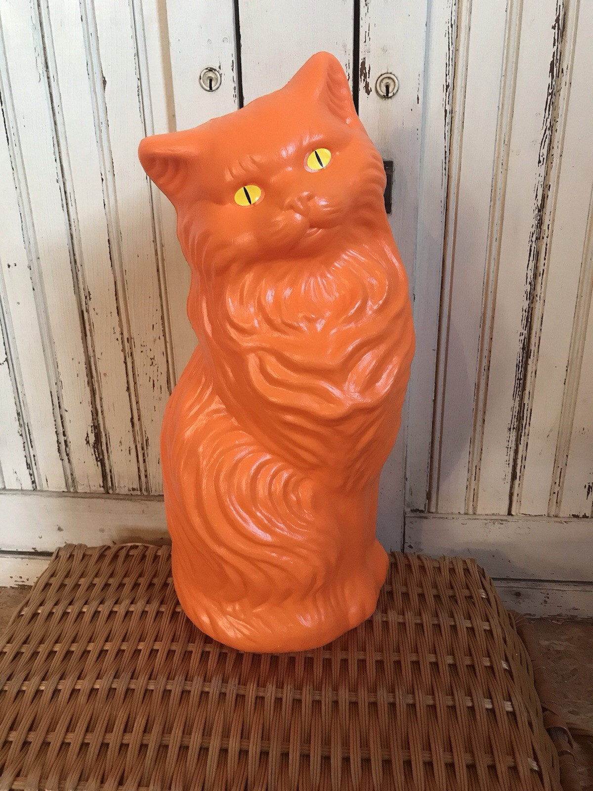Blow  Mold Plastic Halloween Orange Cat Decoration Bank Scary Yellow Eyes 17”