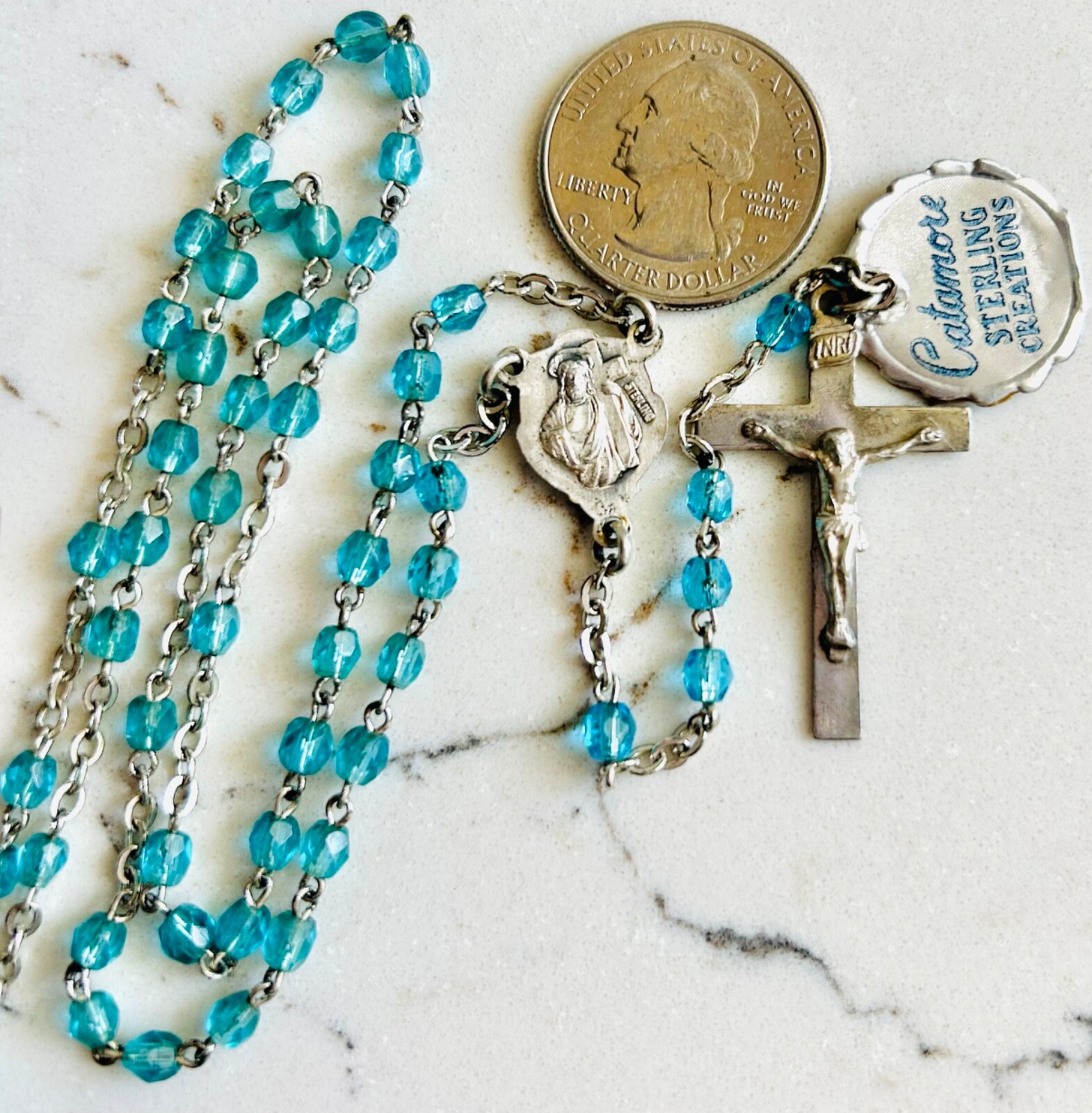 Catholic Sterling Silver Catamore Rosary NOS Blue Crystal 15.5\
