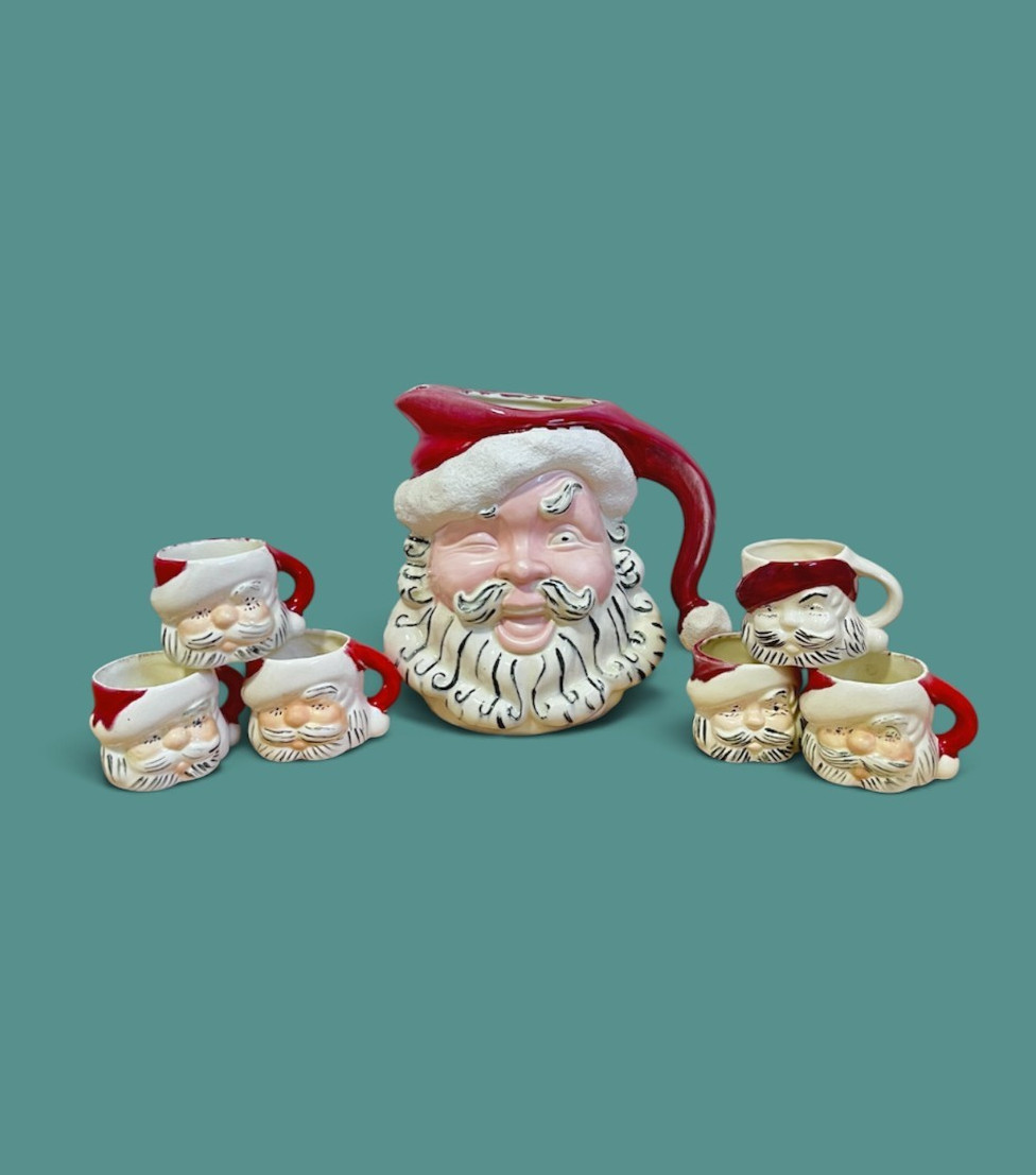RARE Vintage 1950s Mid-Century Winking Christmas Santa Pitcher and 6 Mug Set
