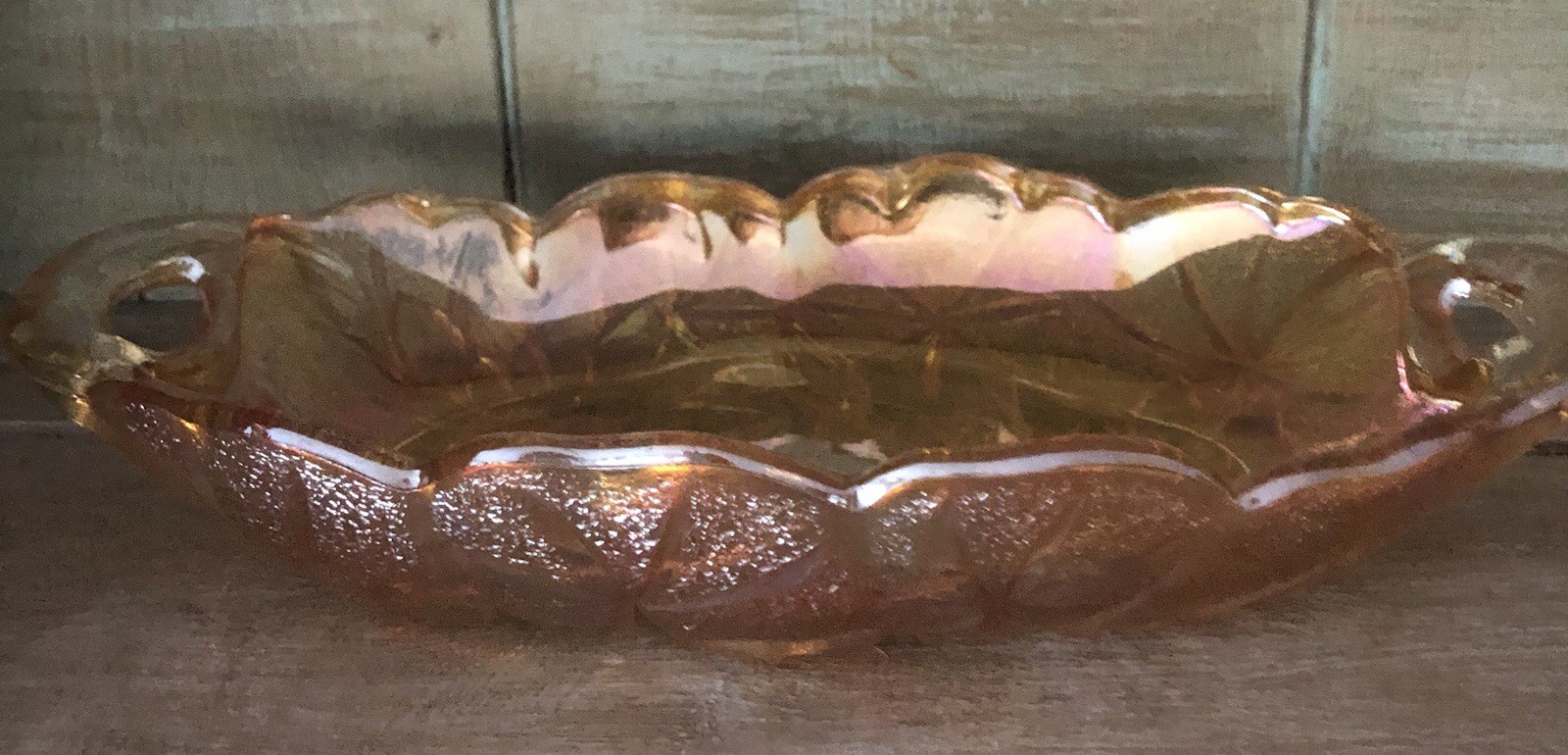 Indiana Glass Amber Marigold Carnival Glass Handled Pickle Relish Dish 