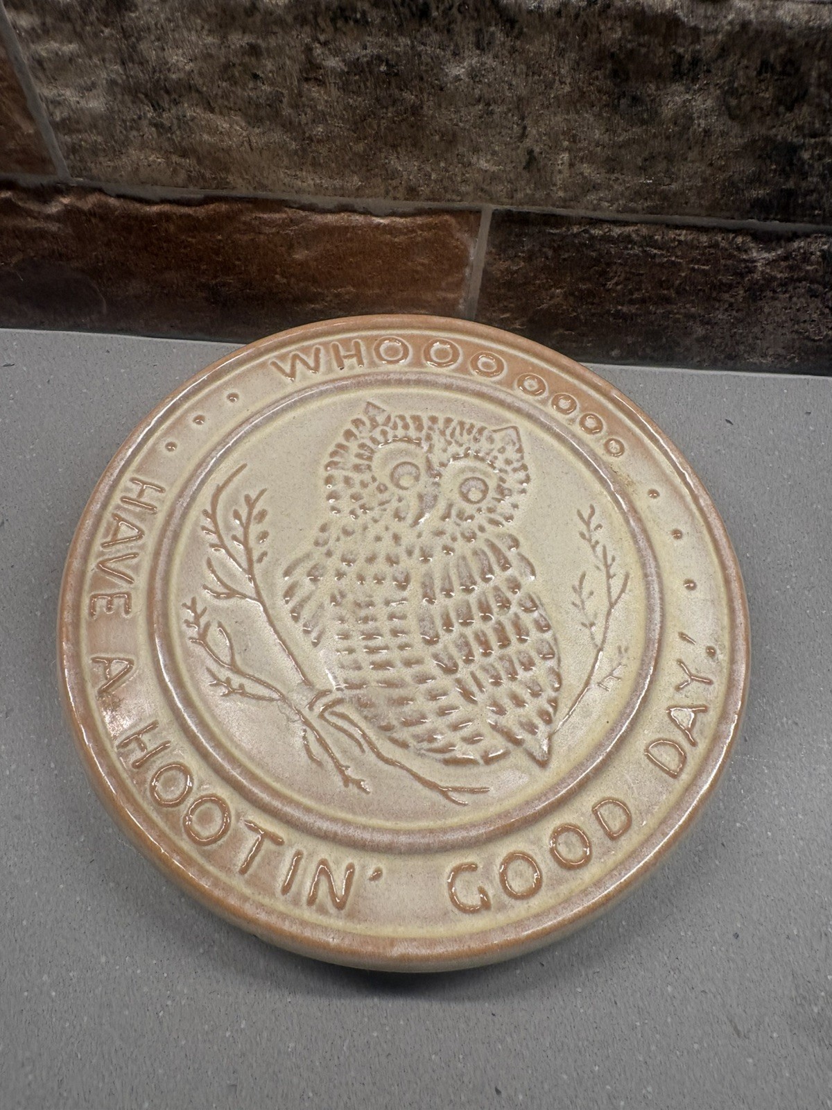 Vintage Frankoma Round Owl Trivet - Whooo Have a Hootin Good Day - 6.25 Vintage Frankoma Round Owl Trivet - Whooo Have a Hootin Good Day - 6.25