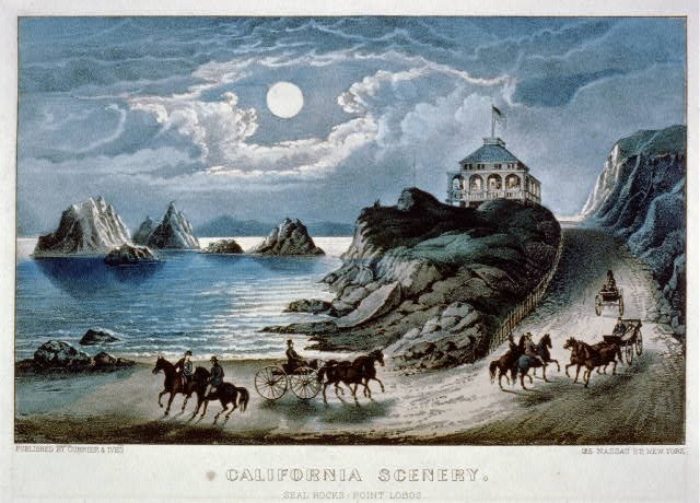 Point Lobos California Seal Rocks Moonlit Horse Carriage Currier & Ives 1850s