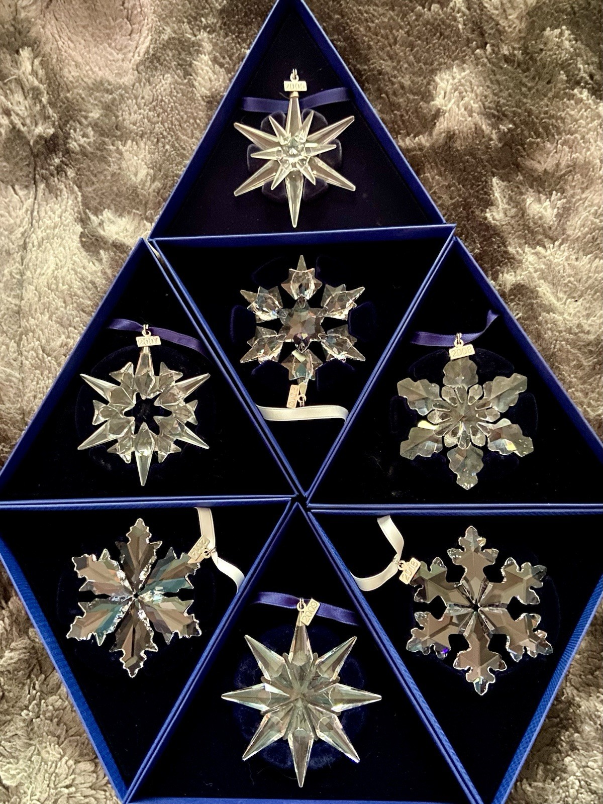 Swavorski Snowflake Ornaments, Lot Of 7, 2005,2007,2008, 2009,2010,2014,2016