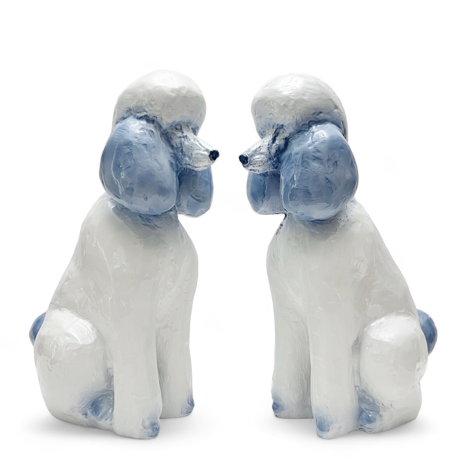 Blue & White Set Pair of 12” Poodle Dogs Figurine Statues Resin Porcelain-Look