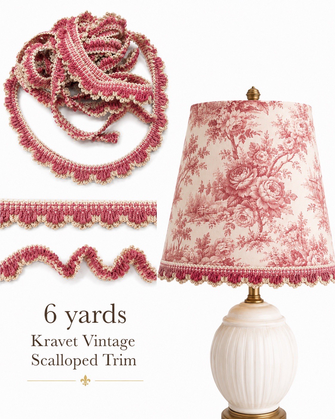 6 Yards Small 1/2 Inch Vintage Kravet Fabric’s Scalloped Rose And Cream Trim