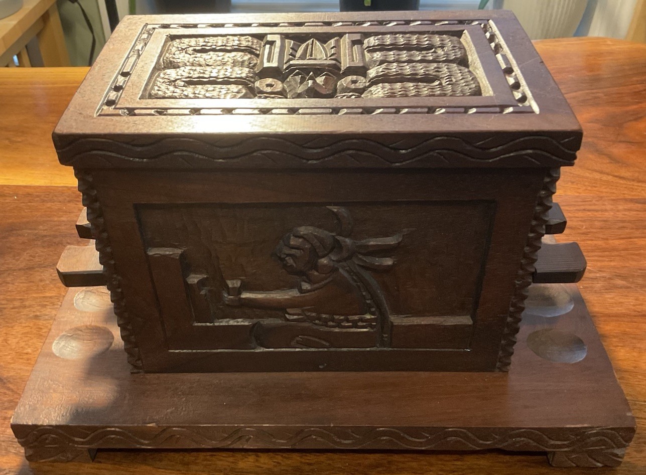 Antique Folk Art 1945 Hand Carved Wooden Pipe rack Tobacco Box