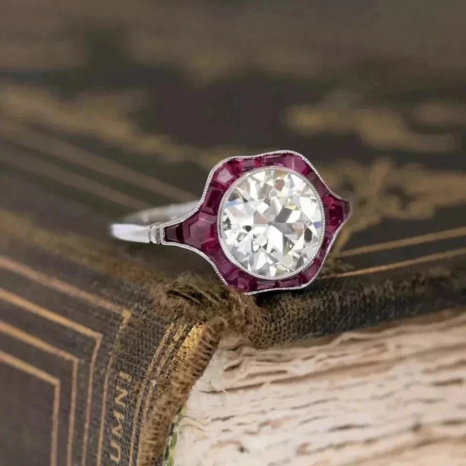 Art Deco Red Ruby Halo Diamond Vintage Style Ring In 14k White Gold Plated
