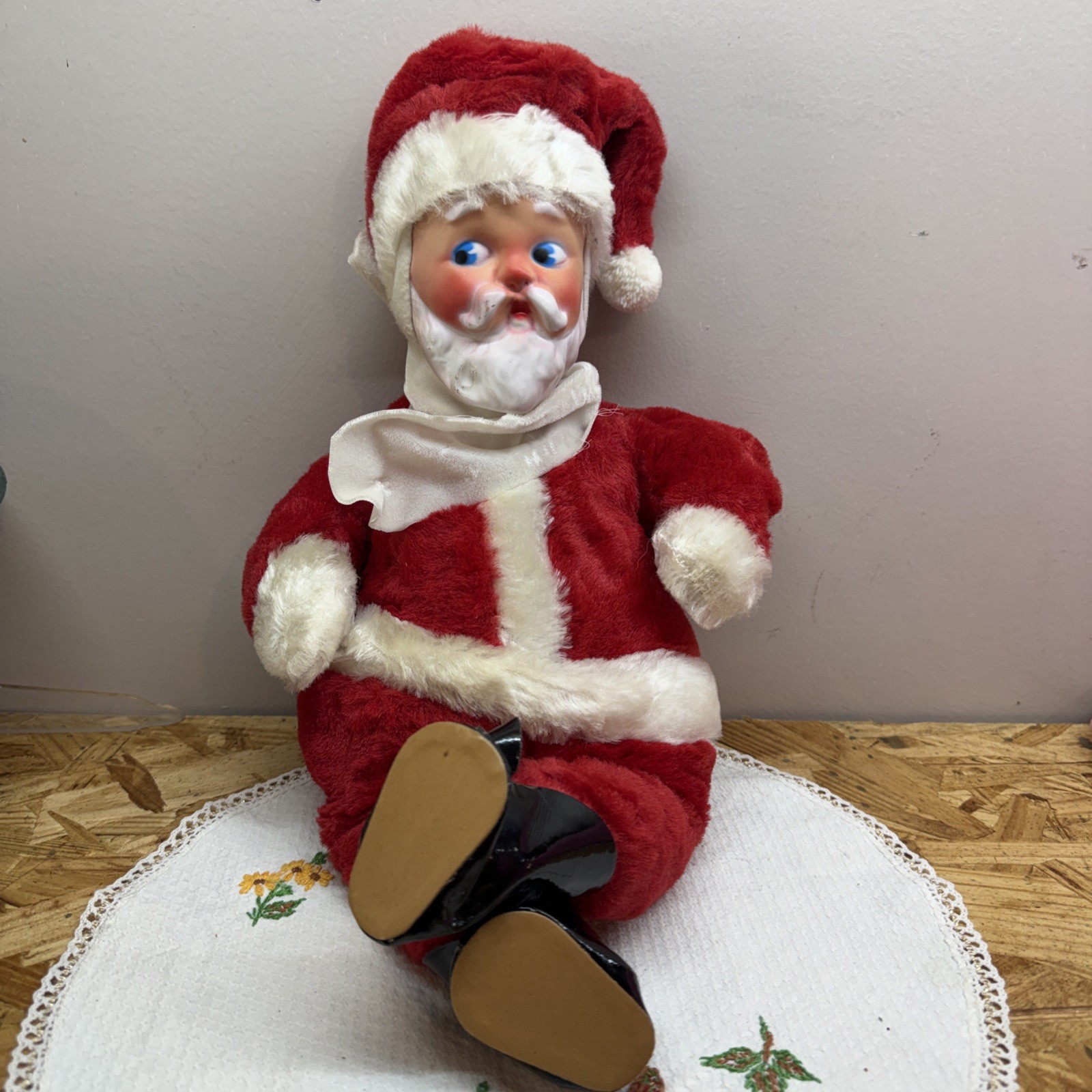 Vintage 1950s Knickerbocker Toy Co. Baby Santa Plush Doll 16” with Rubber Face
