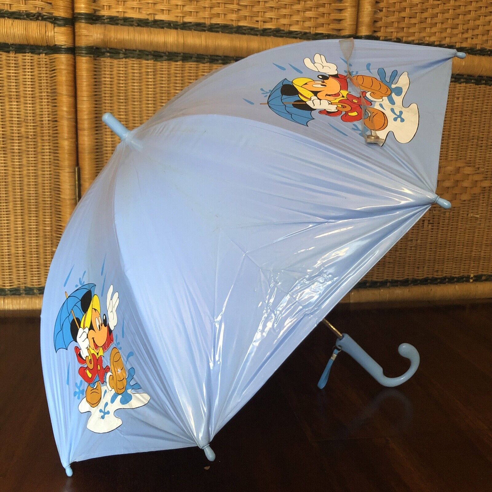 Vintage Mickey Mouse Folding Umbrella Blue Vinyl Made in Taiwan 24”