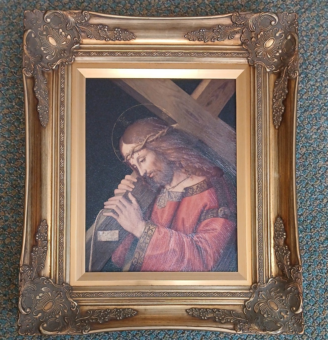 Ornate Framed Jesus Christ Savior Carrying Cross Religious Canvas Art Vintage 