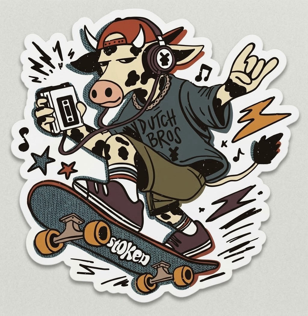 DUTCH BROS OCT 21 2026 COW SKATEBOARDER STICKER