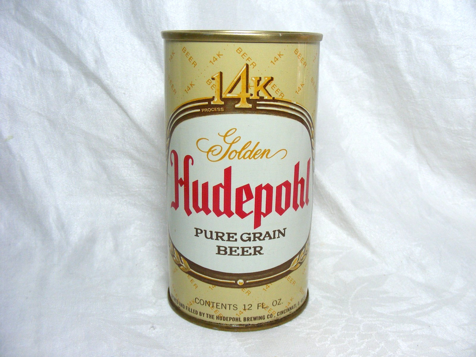 Vintage Steel Beer Can 14k Golden Hudepohl Pure Grain Beer 12oz Pull Tab