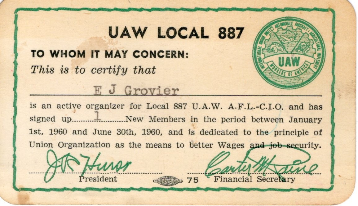 UAW Local 887 Labor Union Aerospace Auto Agriculture 1960s Member Card Vintage