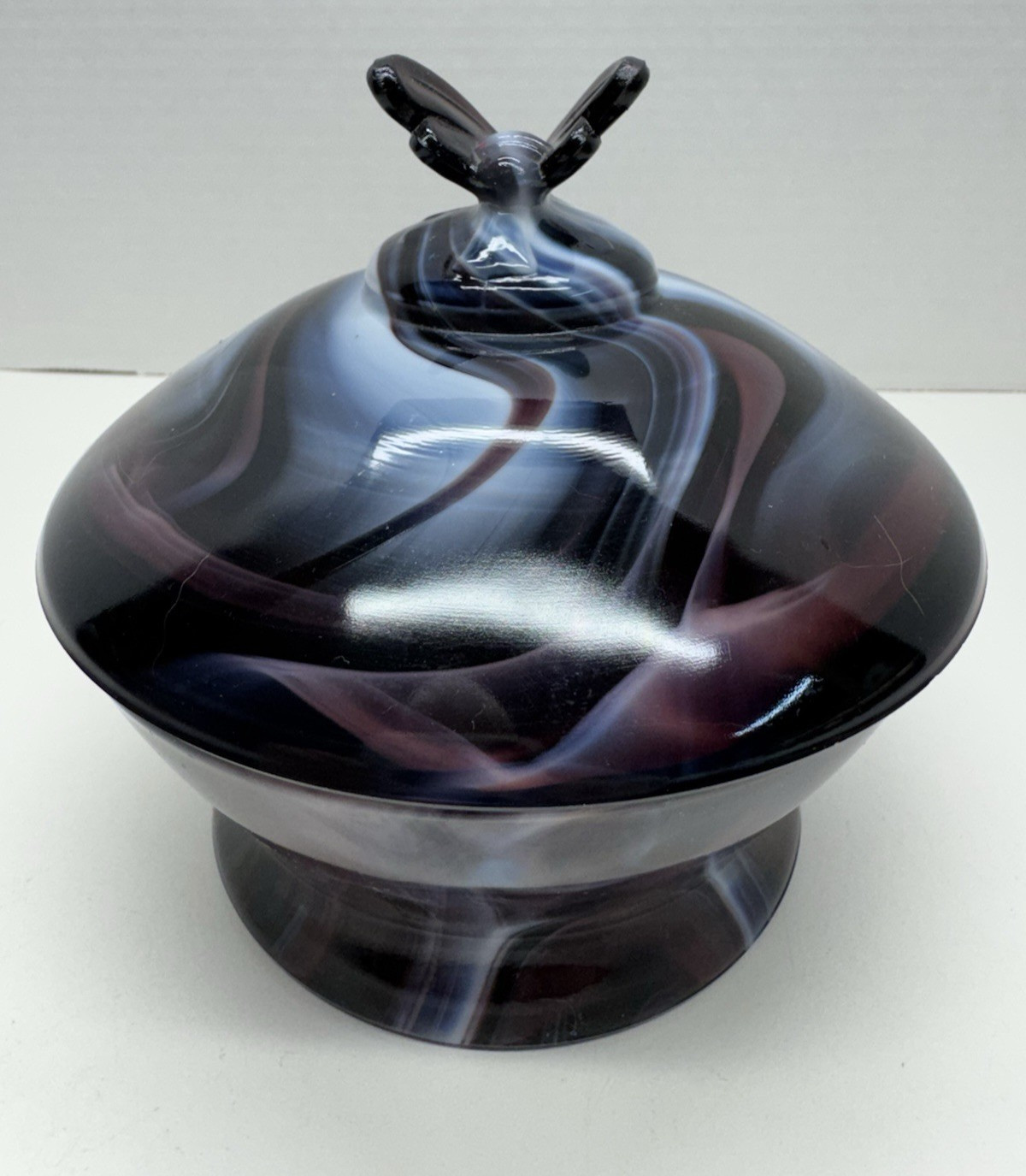 Vintage Imperial Bee Box Purple Swirl Slag Glass Round Candy Dish w/ Lid