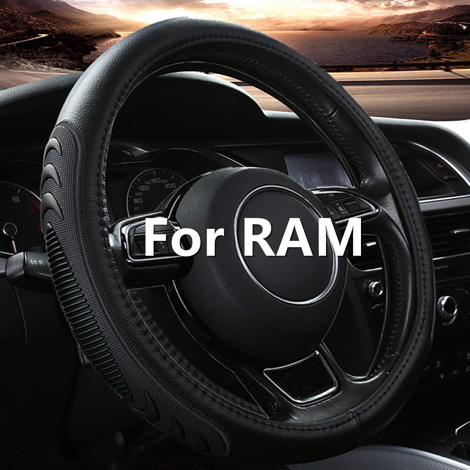 Leather Steering Wheel Cover for Dodge Ram 1500 2500 3500, 15.5-16 Inches Black