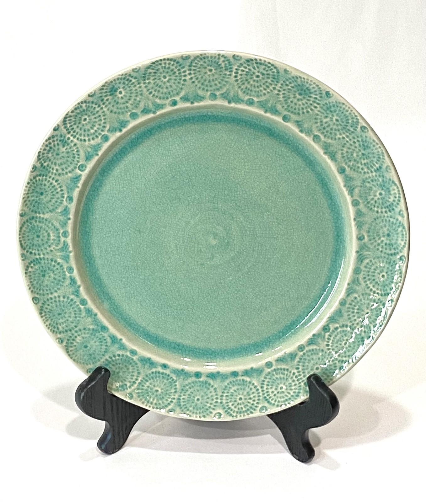 2 Anthropologie Old Havana Mint Dinner Plates 9499084, Crackle Glaze 11 1/2