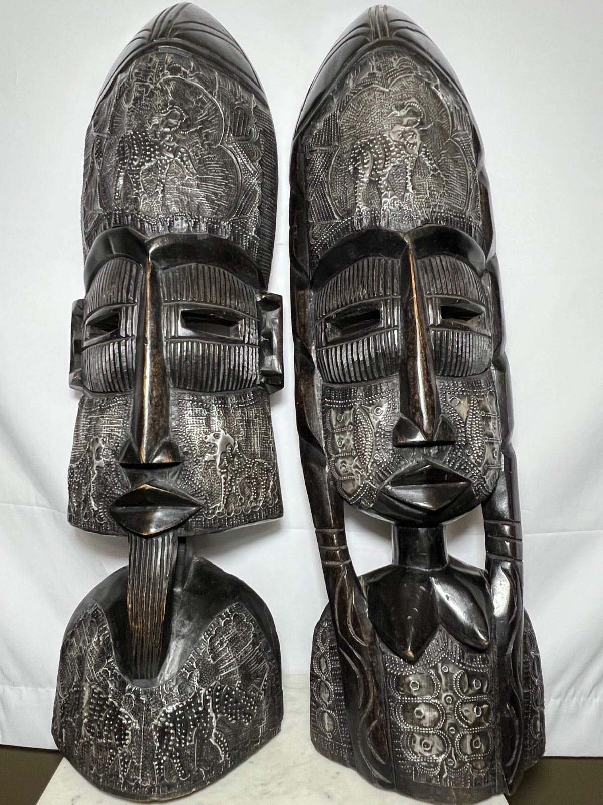Pair 36” African Fulani Male & Female Masks Ghana Tribal Wall Art