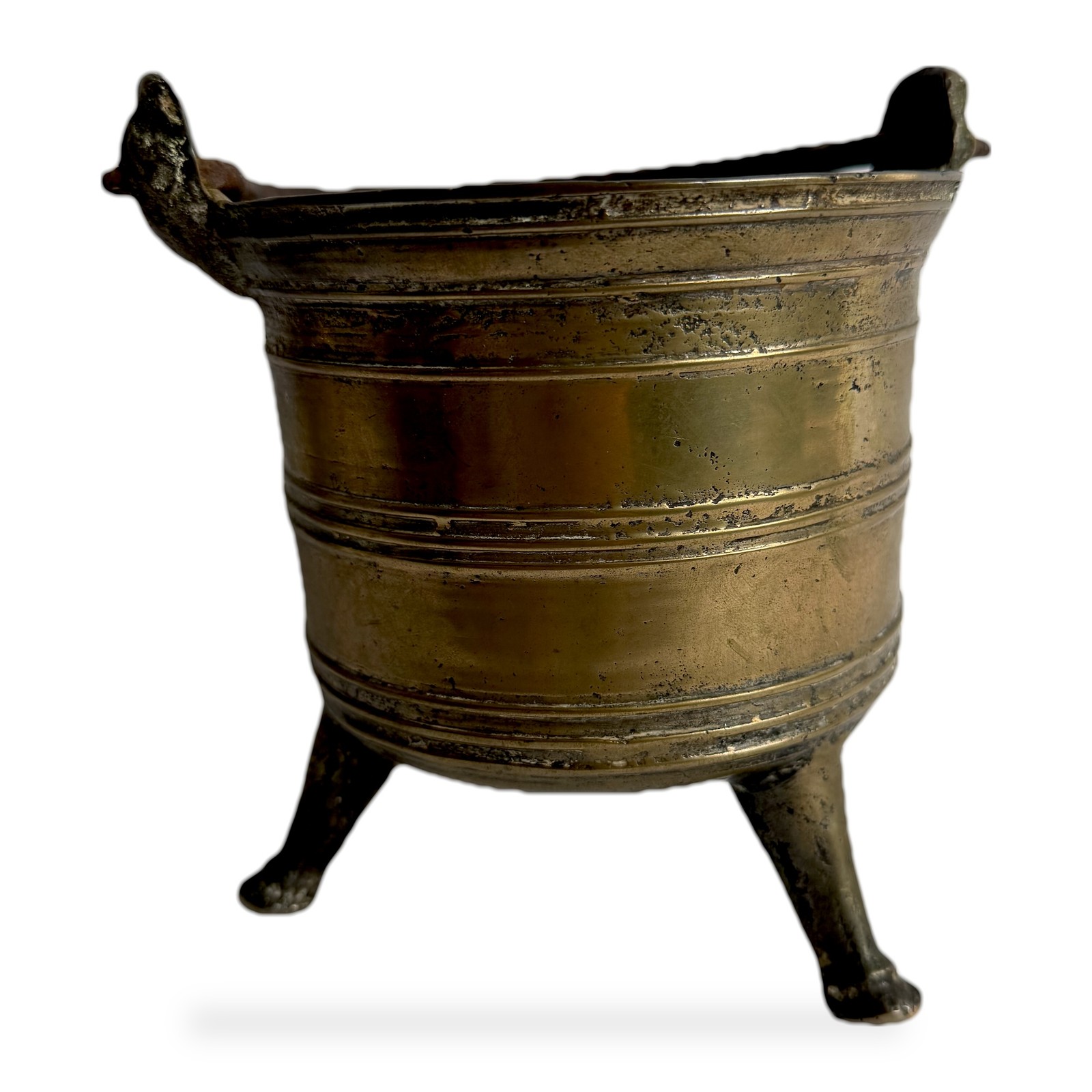 17th Century Cast Brass Tripod Cauldron Cooking Pot Iron Bail Handle