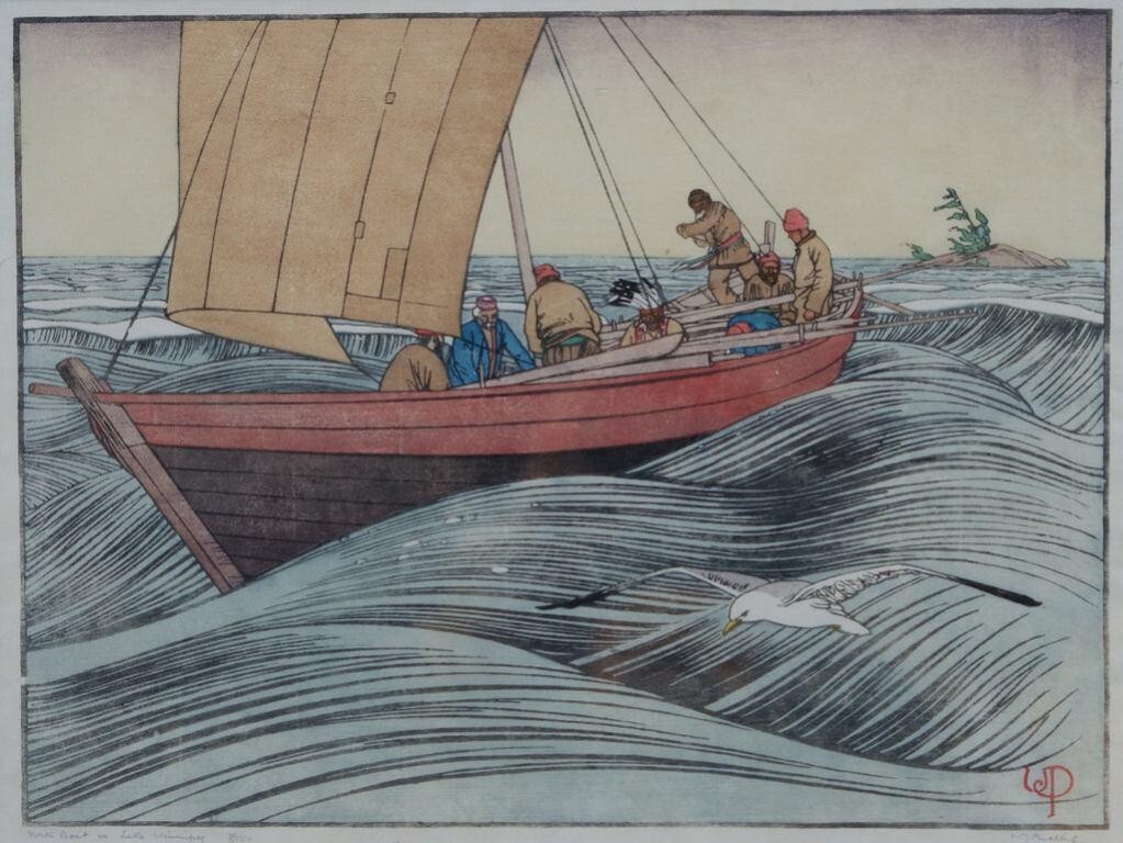 York Boat on Lake Winnipeg by Walter J. Phillips 1918 Woodcut Nautical Canadian