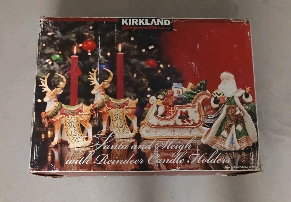 Kirkland Signature Santa and Sleigh with Reindeer Candle Holders With Box 2 Set 