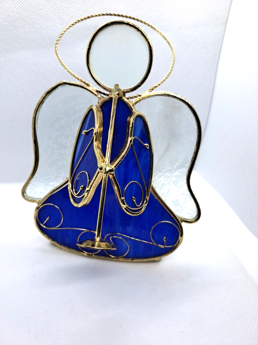 Stained Glass BLUE ANGEL Playing Her Horn - Gold Lead - Candle Holder