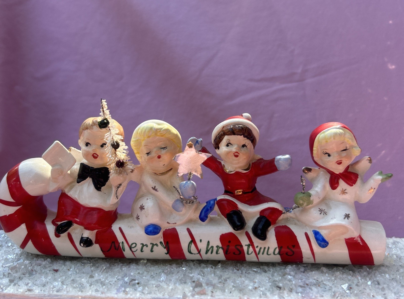 Commodore Vintage Ceramic Christmas Angel Candy Cane Sleigh #3054