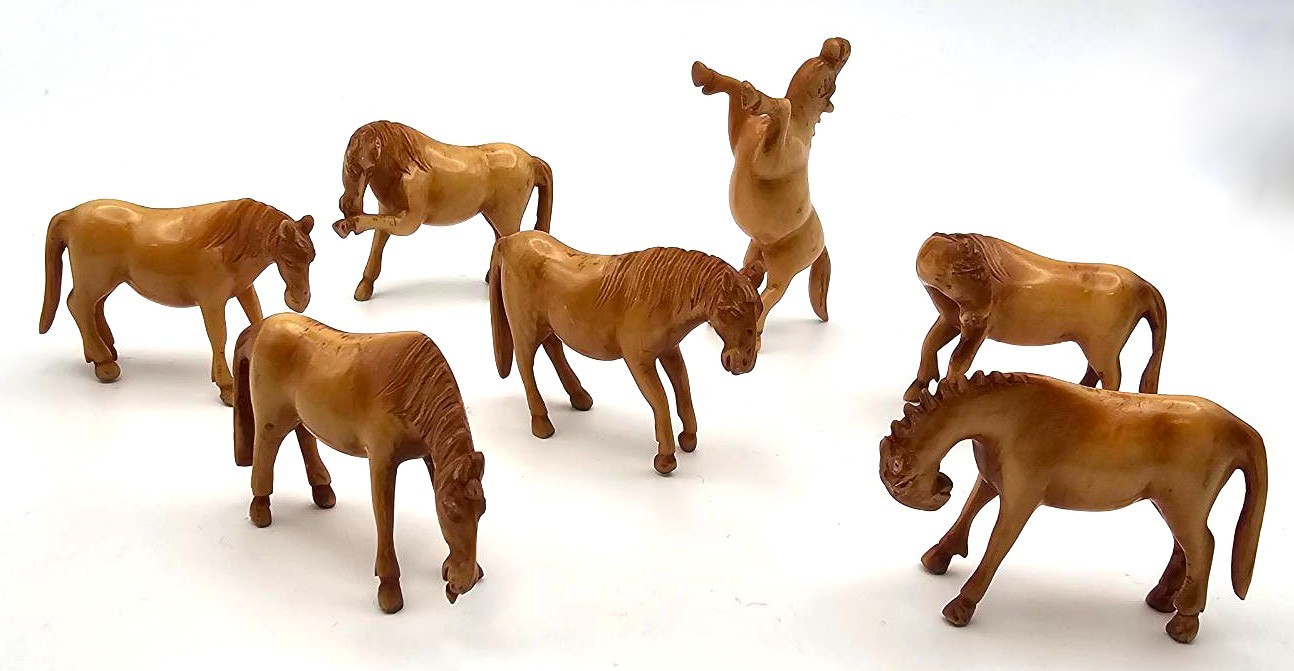 Lot SEVEN Chinese Hand Carved Wooden Minature Horse Figurines At Play Vintage