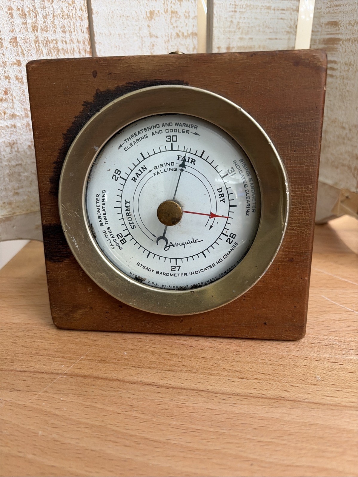 (978). Vintage Airguide Wooden Barometer Made in USA Desktop Mid Century