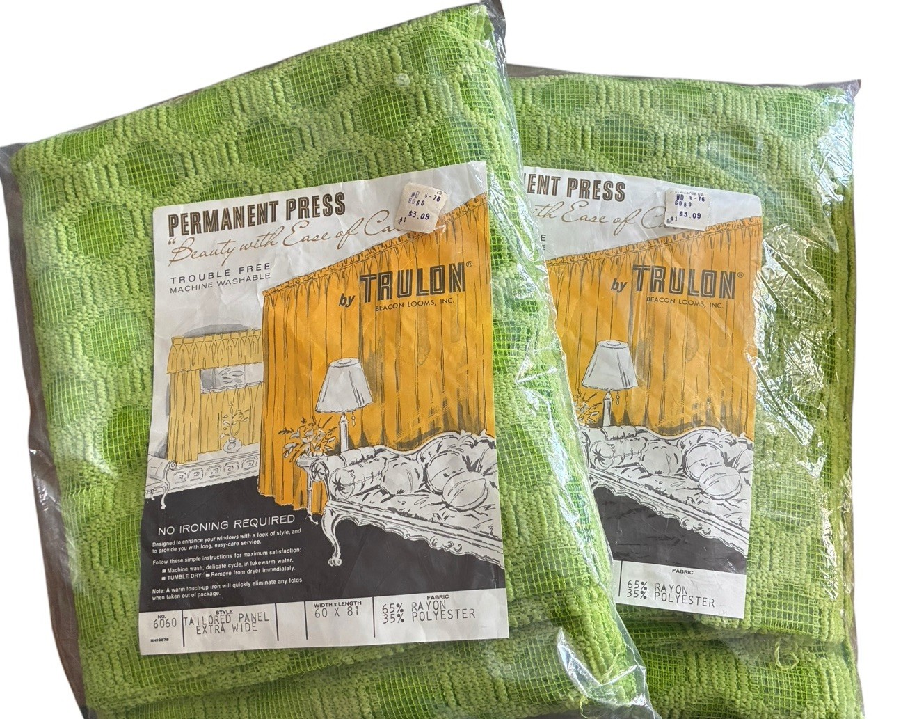 Trulon Beacon Looms Avocado Green Lace Curtain Pair 60”x81” Vintage 1970’s NOS