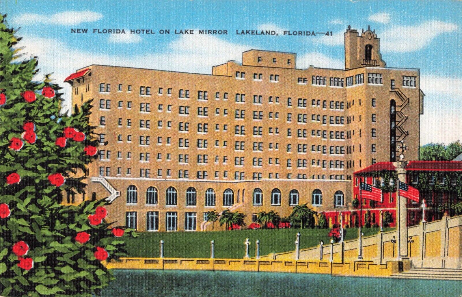 Lakeland FL Florida, New Florida Hotel on Lake Mirror, Vintage Postcard
