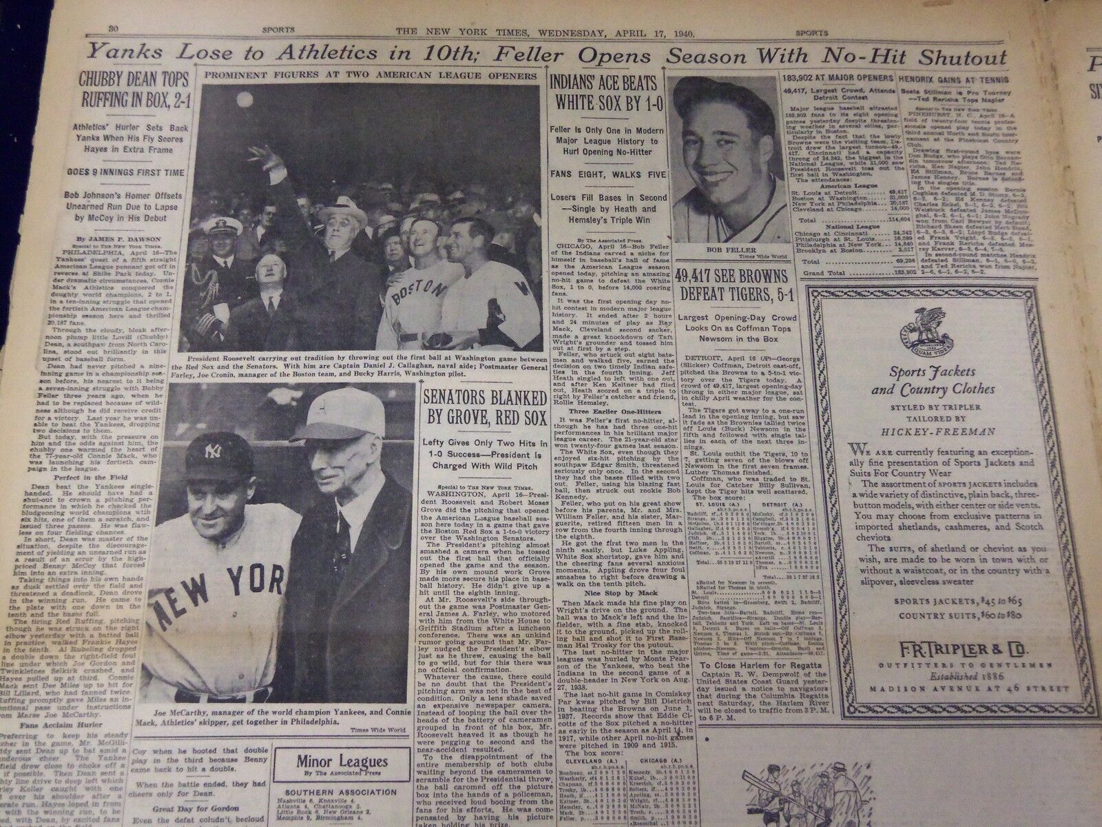 1940 APRIL 17 NEW YORK TIMES - FELLER OPENS WITH NO-HITTER - NT 2956