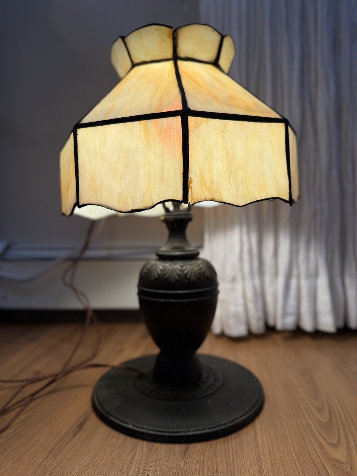 circa 1922, Edward Miller & Co.  slag glass panel table lamp (Meriden, CT) 