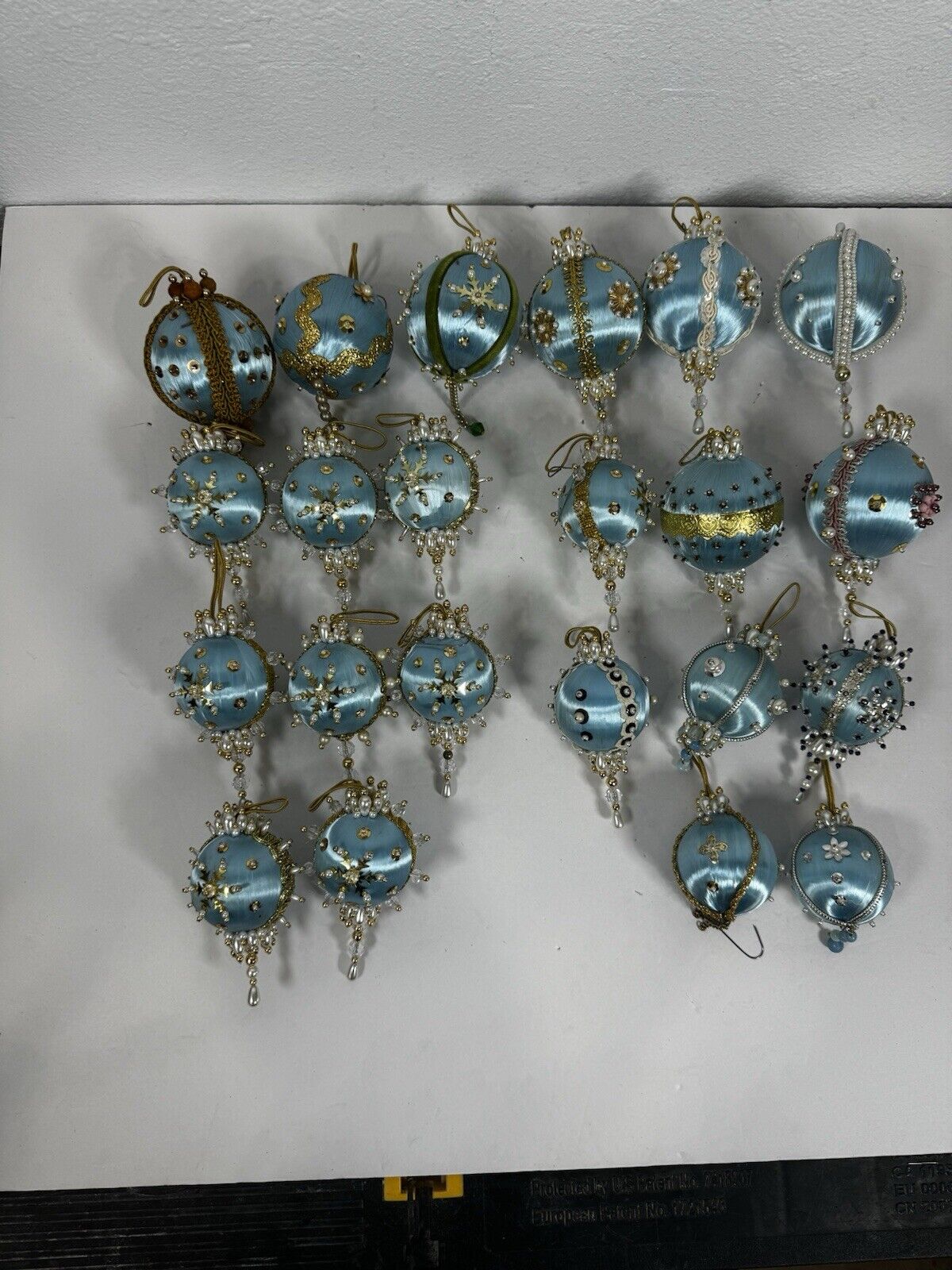 Vintage Push Pin Satin Beaded Christmas Ornament Turquoise Aqua Blue Lot Of 22