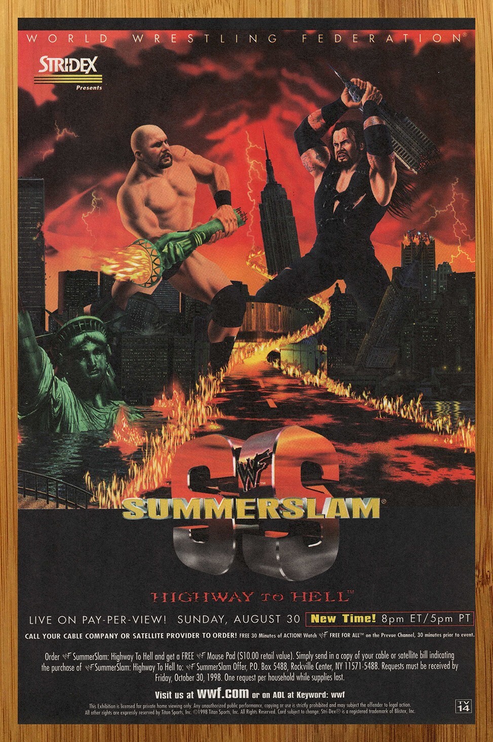 1998 WWF Summerslam Vintage Print Ad/Poster Wrestling Stone Cold Undertaker Art
